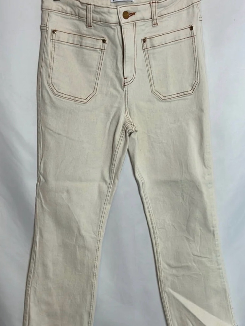Zara Cream Straight Leg Jeans Contrast Stitch